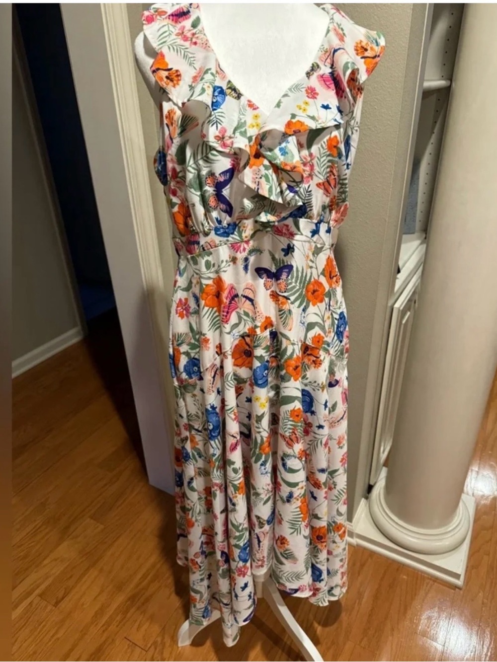 Cupio White Maxi Dress with Orange & Blue Floral Print
